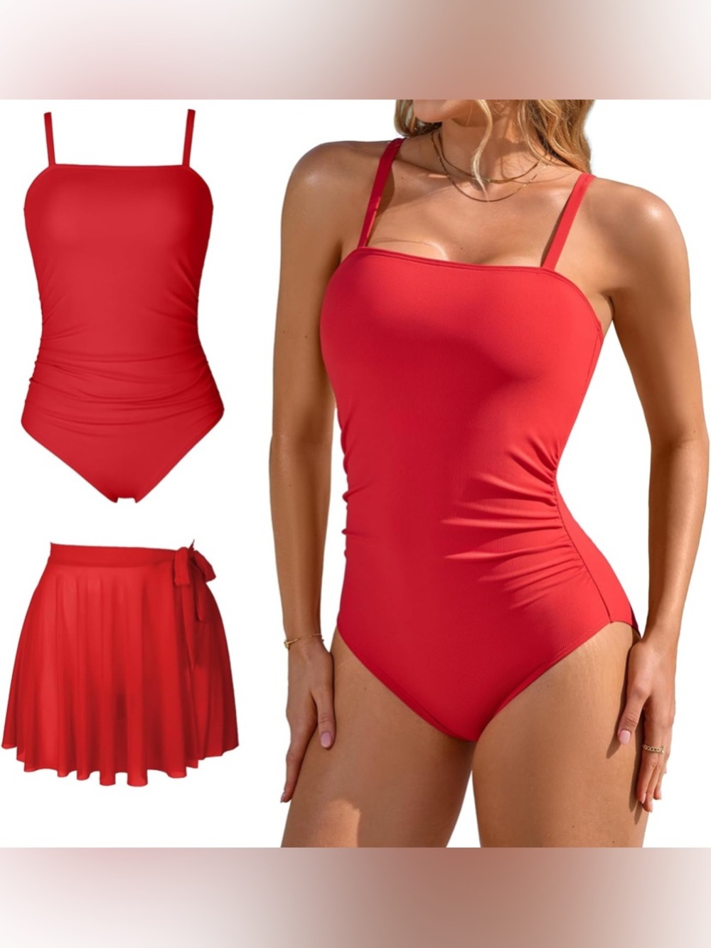 Red One-Piece Swimsuit with Skirt Cover